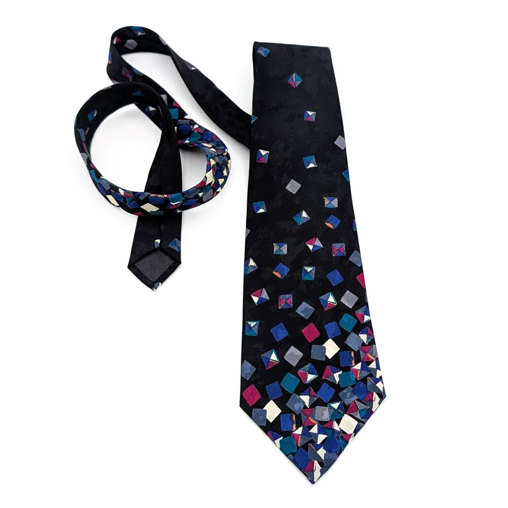 Vintage 90s Gitano Men’s Tie Wide Abstract Geometric Squares Black Multicolor